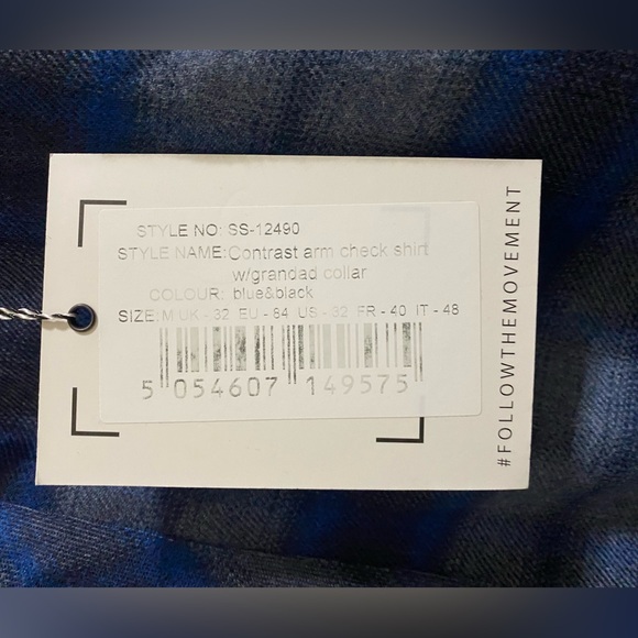 Brand New Siksilk Contrast Arm Checkered Grandad Shirt SS-12490 Blue/Black sz M - Picture 4 of 4